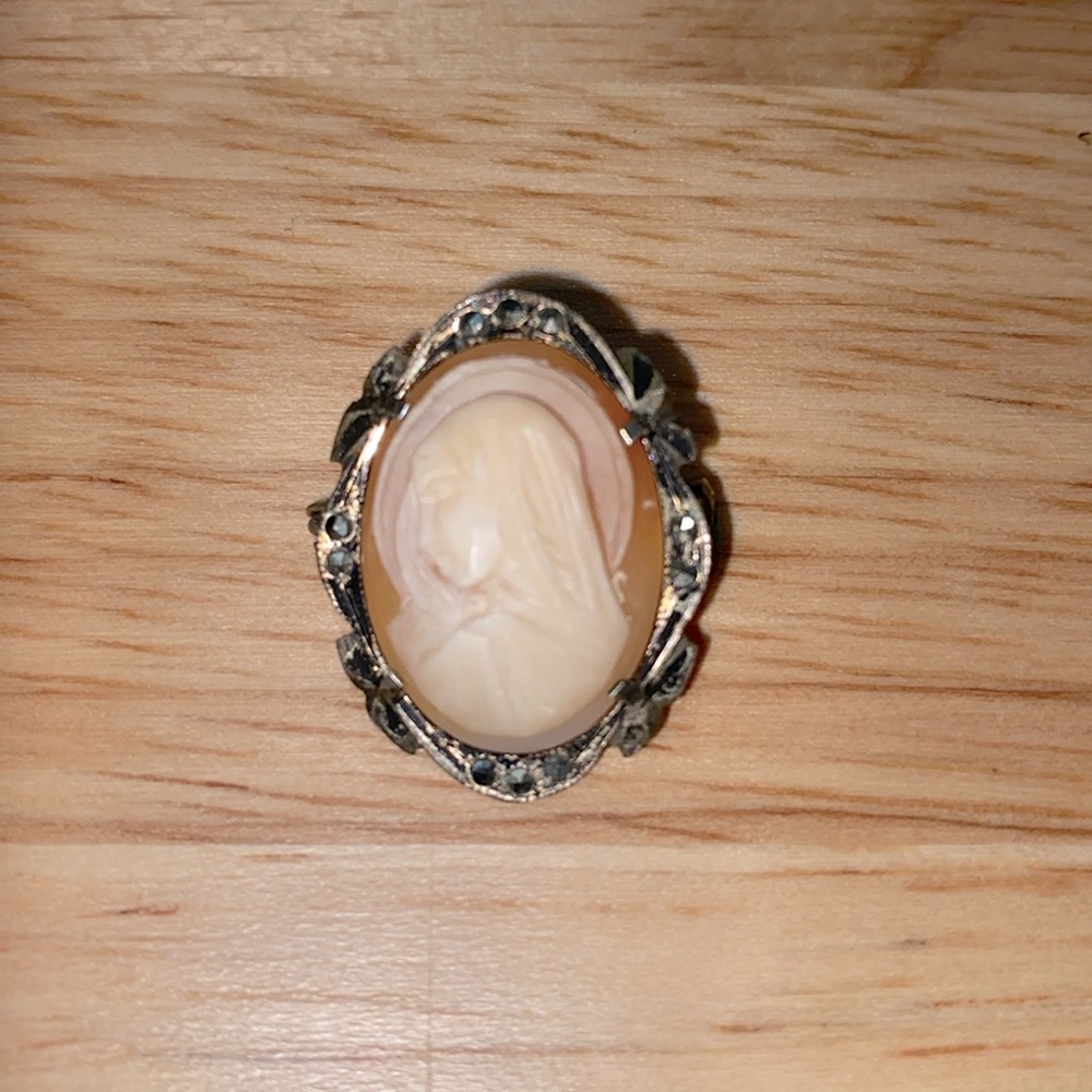 Vintage Mary Cameo Brooch or Pendant - 800 silver frame with marcasite